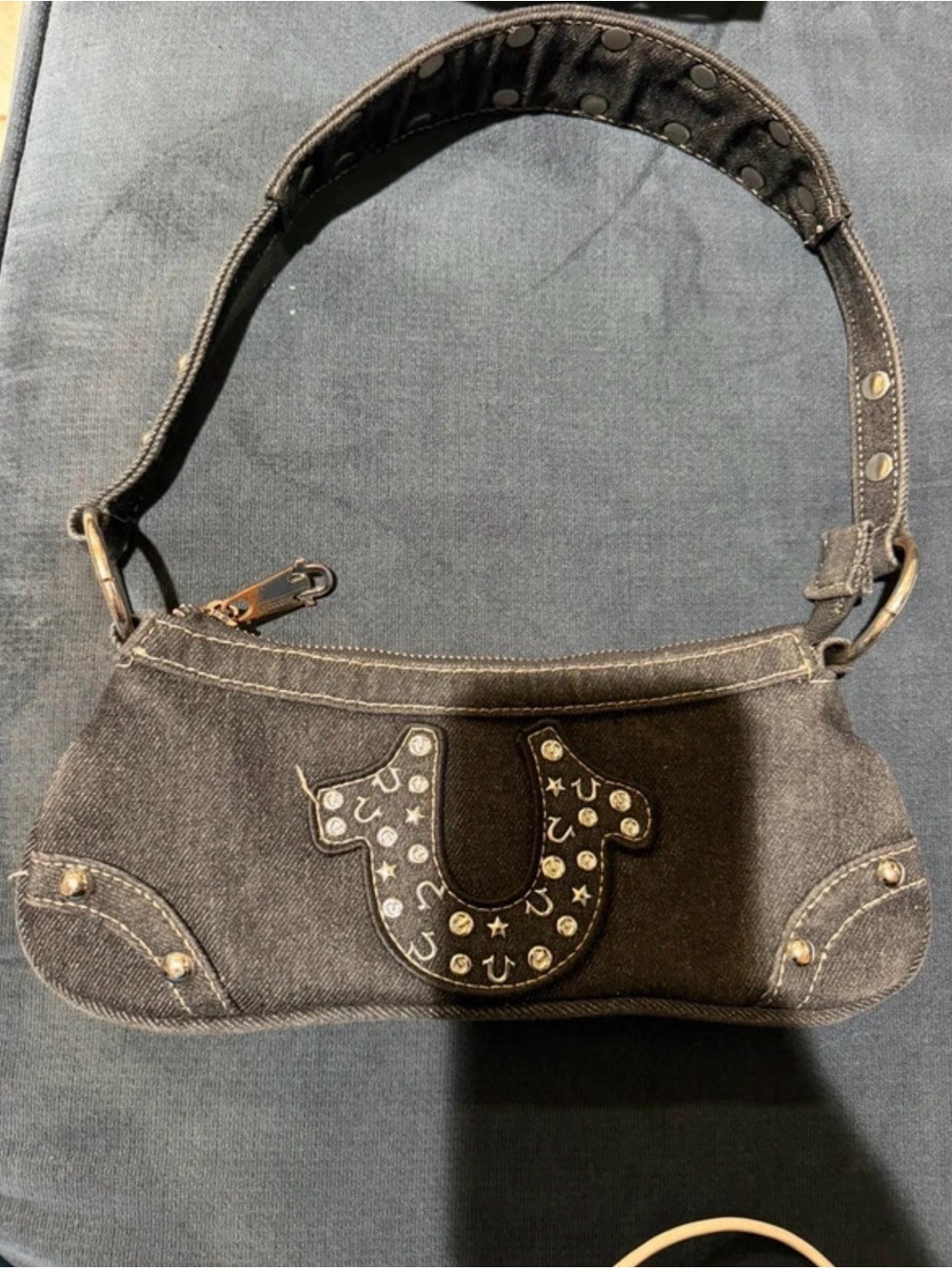 True Religion Black Denim Shoulder Bag with Studded Horseshoe Logo